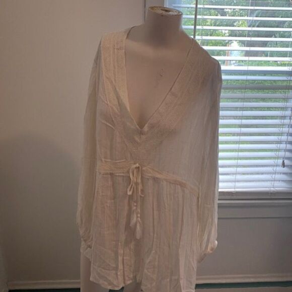 Weekend Suzanne Betro Lace Inset Cream/Gold stripes Babydoll Tunic, size 2X - Picture 1 of 3